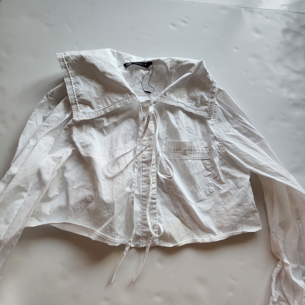 Zara White Blouse with Unique Collar - Picture 2 of 10
